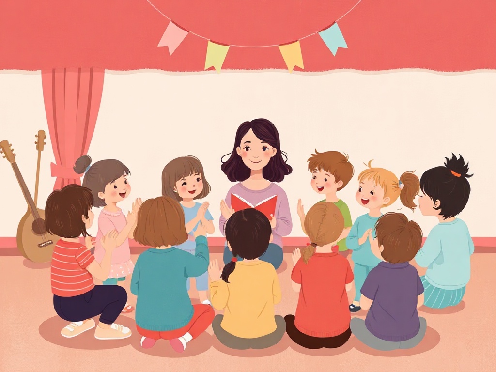 Illustration d'enfants chantant des comptines en trois langues en petit groupe avec une intervenante