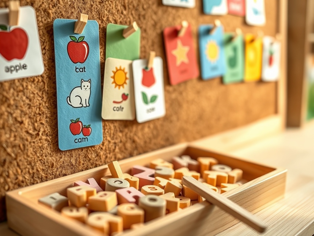 Tableau d'apprentissage des langues : cartes-images, lettres magnétiques en bois et pointeur, dans une salle lumineuse